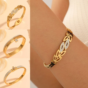 Stainless Steel Geometric Bangle Cubic Zirconia Rhinestone Inlaid Gold Plated Luxury Elegant Fashion Jewelry For Women