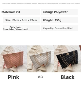 Detailed comparison of quilted PU leather shoulder bags in pink, beige, and black colors