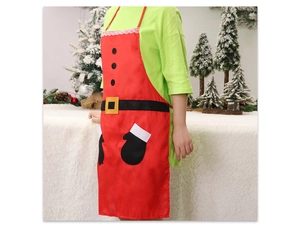 Detail of red Christmas apron with Santa Claus belt print and white lace trim edge