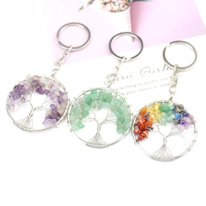 Three natural crystal stone tree of life keychains with amethyst and aventurine