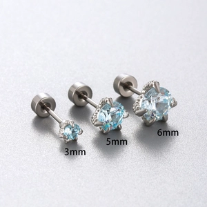 Three pieces of blue zircon stud earrings in 3mm, 5mm, and 6mm sizes with screw backs