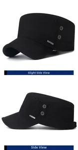 Close-up of black cotton flat top cap with metal DINGHAN logo and ventilation eyelets