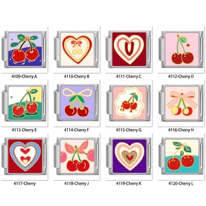 Italian charm bracelet links made of stainless steel with cherry and heart designs