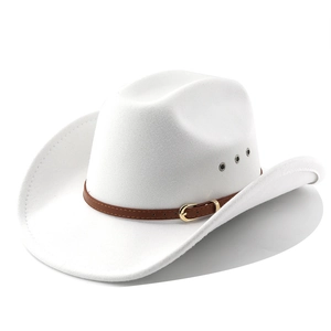 Classic white western cowboy hat with wide brim and brown leather band for men and women
