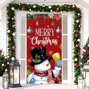Red Christmas door banner featuring snowman and Merry Christmas text on a white door