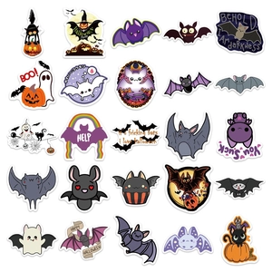 Flat lay of 25 waterproof Halloween stickers with pumpkin, bat and ghost designs