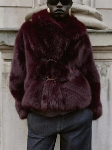 Deep burgundy faux fur jacket for women with premium metal horsebit buckle closure
