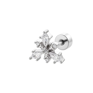 Silver snowflake earrings with zircon micro-inlay and flat back screw design