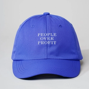 Royal blue baseball cap with white People Over Profit embroidery and adjustable strap