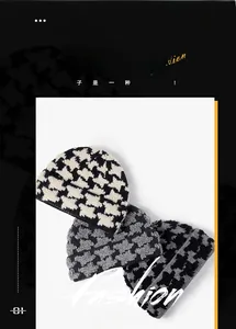 Close-up of winter knitted beanies featuring classic houndstooth jacquard pattern detail