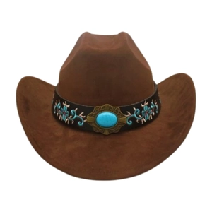 Detailed close-up of brown suede cowboy hat with turquoise gemstone and floral embroidery