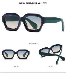 Detailed views of geometric polygon sunglasses in dark blue frame with blue yellow lenses