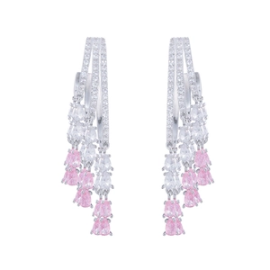 Elegant silver layered tassel earrings with pink and white teardrop cubic zirconia stones