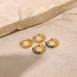 Set of 18K gold plated stainless steel hoop earrings with white and green zircon stones