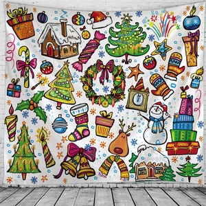 Tapisserie de Noël avec motifs festifs colorés dessinés à la main sur mur blanc pur