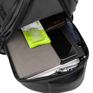 Large capacity waterproof black backpack for men featuring multiple storage compartments