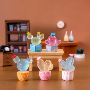 Luminous resin mini cactus figurines in five colors for miniature garden desk decor
