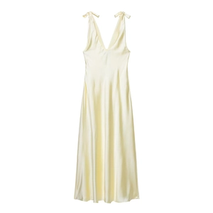 Elegant pale yellow satin midi dress with deep V-neck and delicate tie shoulder straps