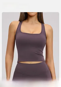 Detail of grey-purple yoga set with square neck top and high-waist compression leggings