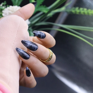 Press On Nails Glossy Dark Marble Pattern Almond Shape Gradient Grey Black Artificial Fake Nails For Women