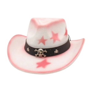 Pink and white gradient cowboy hat with star patterns and skull buckle decorations