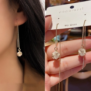 Gold-plated cat eye stone long tassel threader earrings with elegant white bead drop