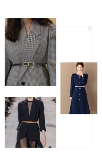 Three model looks featuring a slim belt with a gold clasp for blazers and dresses
