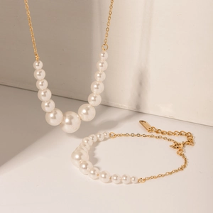 Elegant Gradient Artificial Pearl Necklace 18K Gold Plated Stainless Steel Waterproof Hypoallergenic Jewelry For Women Bohemian