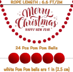 Detail view of 2-meter Christmas garland featuring 24 red 1-inch felt pom pom balls