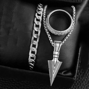 Silver steel jewelry set featuring cuban chain bracelet, arrow pendant necklace and ring