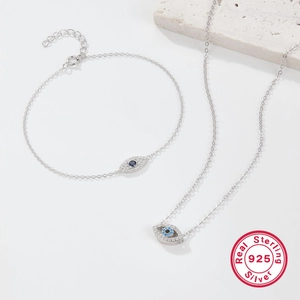 Elegant 925 sterling silver evil eye jewelry set with blue gemstone necklace and bracelet