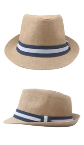 Detailed views of a men's woven straw fedora hat featuring a blue striped decorative band