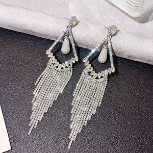 Macro view of long silver tassel earrings featuring rhinestone fringe and teardrop pendant