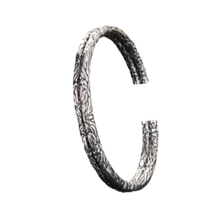 Vintage silver open cuff bracelet for men with intricate engraved rope patterns