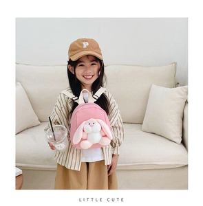 Pink toddler backpack featuring a cute 3D long-eared plush bunny and soft fabric details