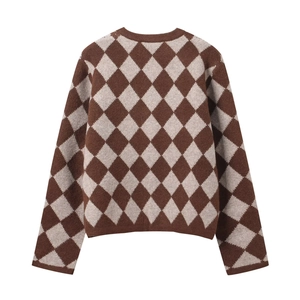 Women's classic argyle knit sweater in brown and beige tones, long sleeve style