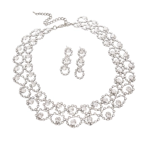 Elegant rhinestone hollow tassel necklace and earring set in silver finish on white background
