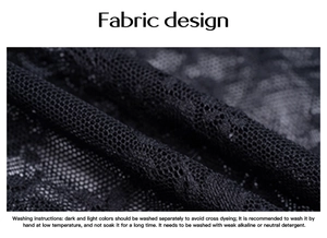 Detailed macro view of black floral lace fabric with textile care and washing instructions