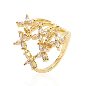 Gold plated ring with sparkling flower zircon clusters in a tiered openwork design