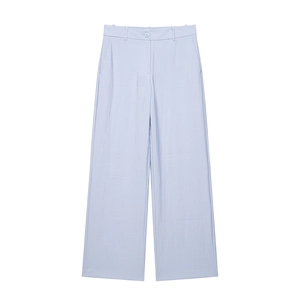 Minimalist light blue high-waisted wide-leg trousers in a sleek woven fabric design