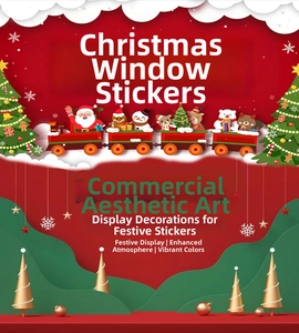 Detailed view of Christmas window stickers with Santa, reindeer, and snowman motifs