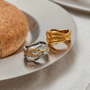 Minimalist irregular lava texture stainless steel rings in gold and silver finish