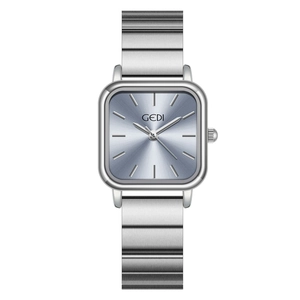 Elegant square face watch with silver stainless steel strap and light blue sunray dial