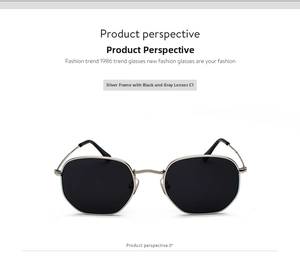 Detalle de montura metálica plateada irregular con lentes gris negro para gafas de sol