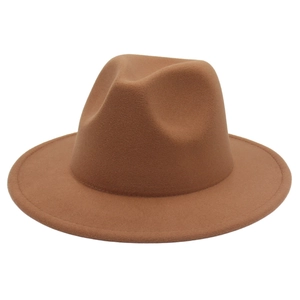 Sombrero fedora clásico de fieltro de lana camello con ala ancha para hombre y mujer