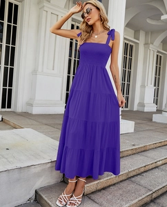 Detail of purple backless tiered maxi dress with ruched bodice and shoulder ties