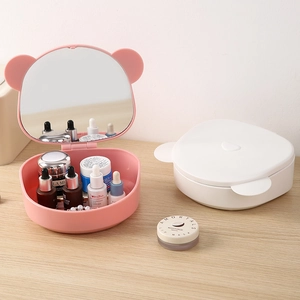 Foldable desktop makeup mirror with storage box and cute bear ears in pink and white