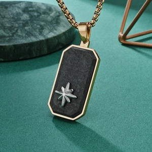 Men's carbon fiber dog tag necklace with golden frame and silver octagram star