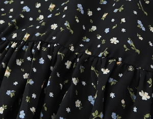 Macro view of black floral fabric featuring intricate smocked texture and tiny flower print