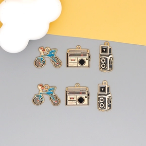 Retro DIY alloy charms set with vintage radio, bicycle and camera enamel pendants